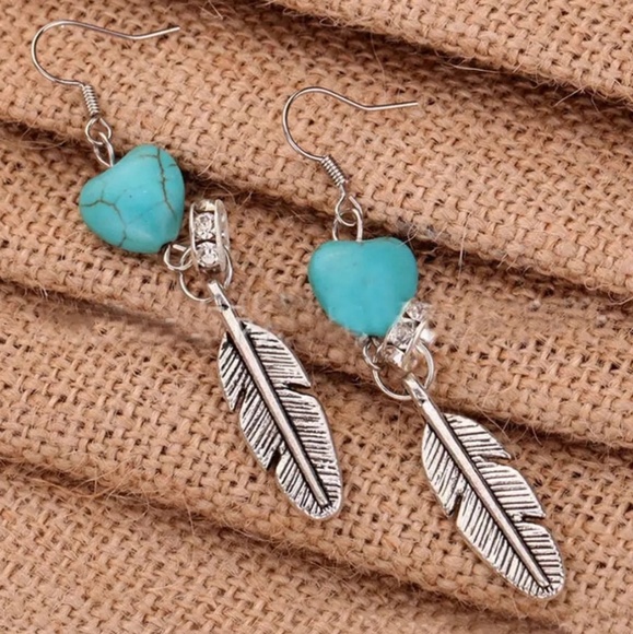 Long Western Boho Feather & Turquoise Earrings - Picture 3 of 3